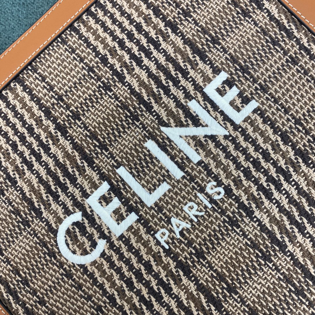 Celine Small Vertical Cabas In Houndstooth Textile With Celine Print And Calfskin Tan 192082